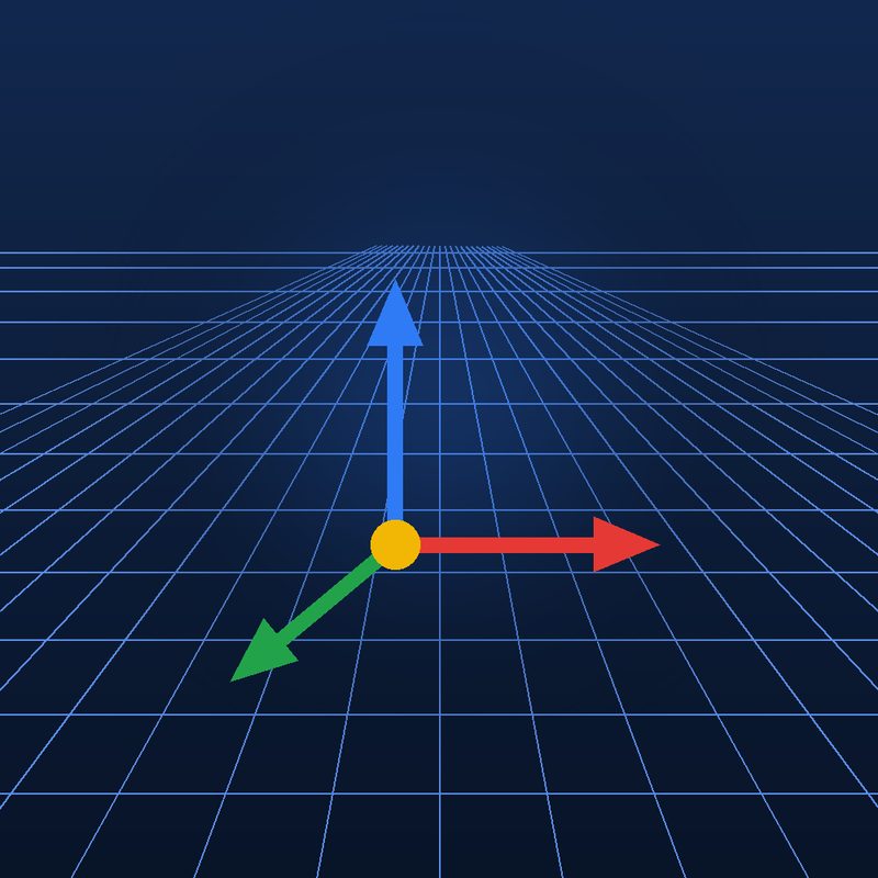 Eixos de coordenadas X, Y e Z sobre uma grade em perspectiva